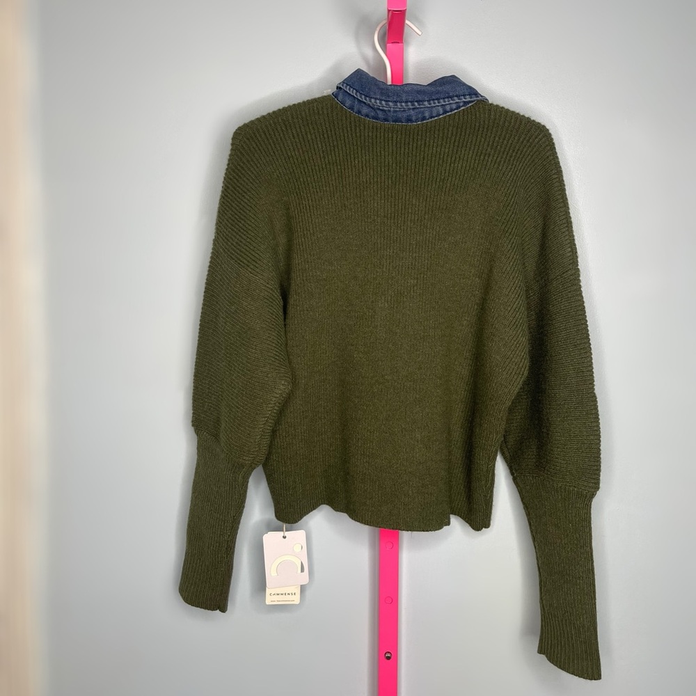 Commense Navy Green Panel Breasted Stretch Lapel Knit Top size medium - Picture 4 of 6